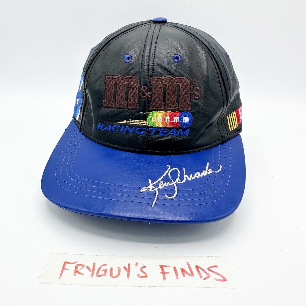 Vintage M&Ms Racing Team Hat Mens OSFA Black Leather Strapback Ken Schrader 36